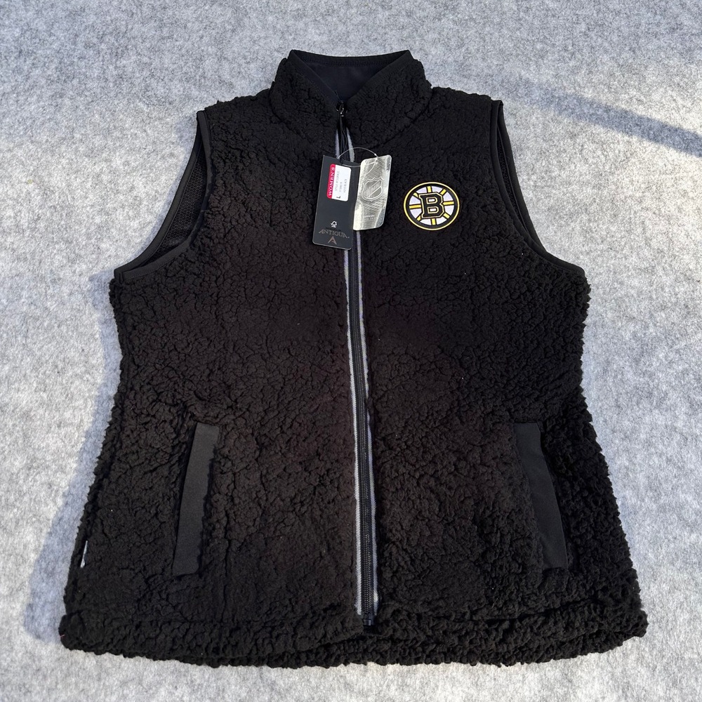 Boston Bruins Antigua Grace Sherpa Fleece Vest Womens Large Black NHL NWT